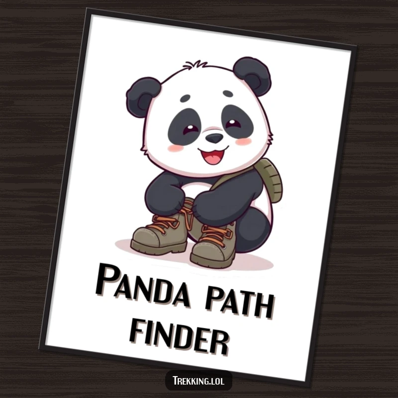 Funny panda digital art print: a smiling panda diligently tying the laces on its hiking boots, ready for a mountain trail.