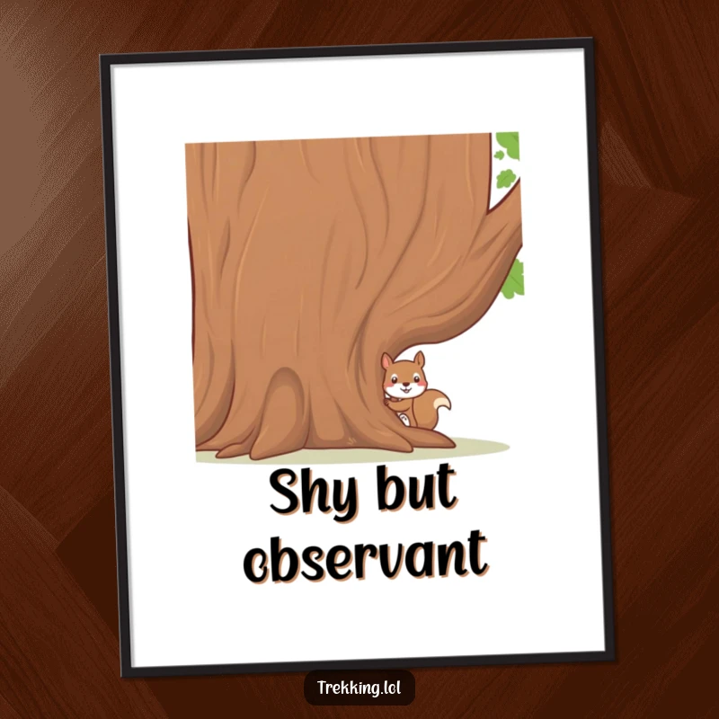 Funny digital art print capturing a shy squirrel peeking from behind a large, friendly tree, evoking a sense of gentle curiosity and woodland charm.