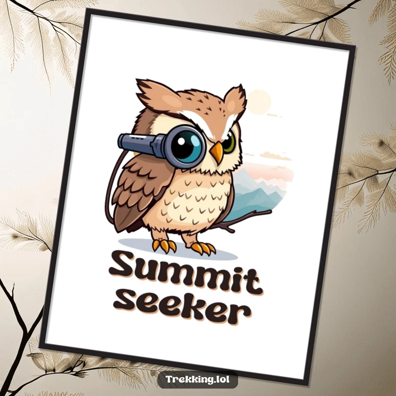 Funny owl peeking through binoculars at a distant peak, ready for discovery, as a downloadable funny digital art print.