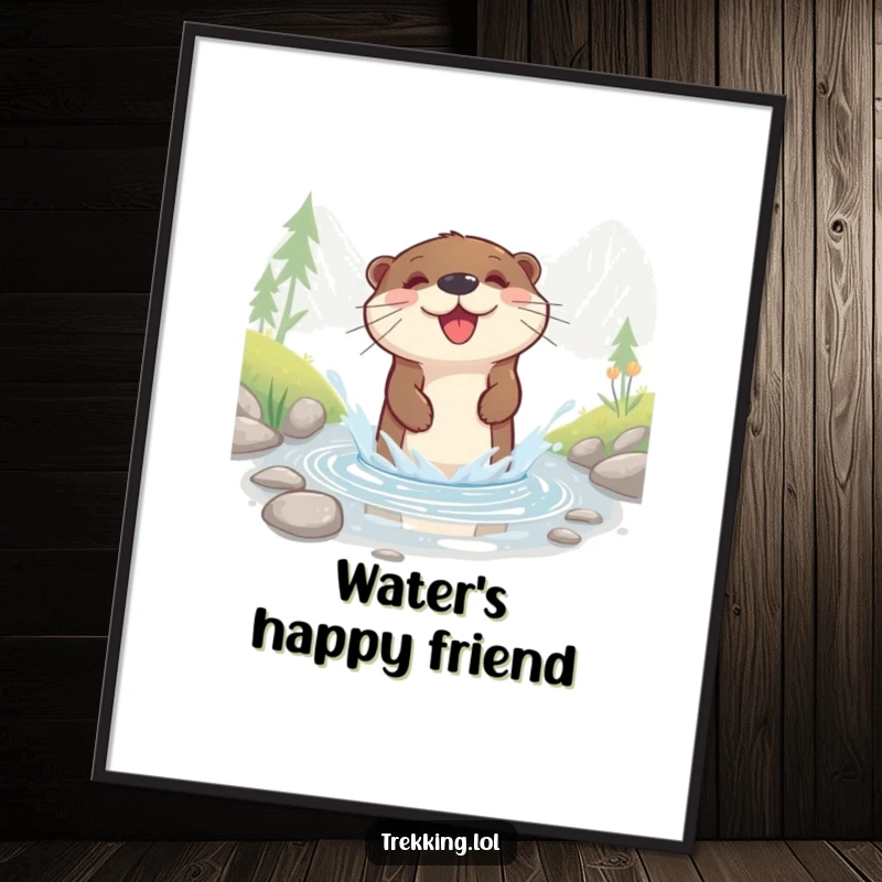Funny digital art of a happy otter splashing joyfully in a shallow mountain stream, ready for instant download.