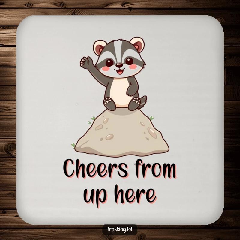 Funny Coaster featuring an energetic badger cheerfully waving from a small hill, protecting surfaces with humorous charm and cheer.