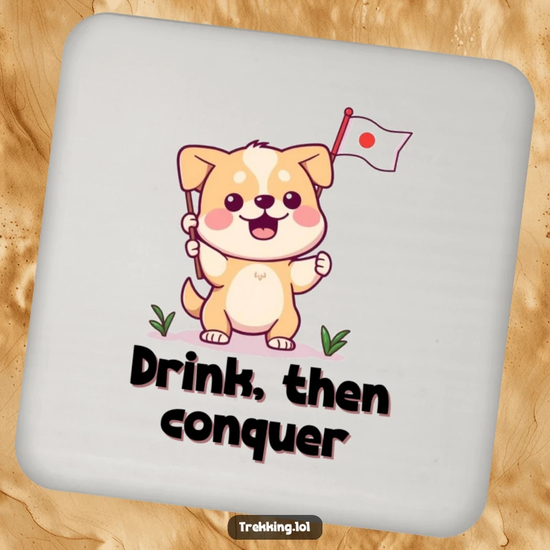 Funny dog coasters, a determined dog plants a flag, symbolizing achievement and protecting surfaces.