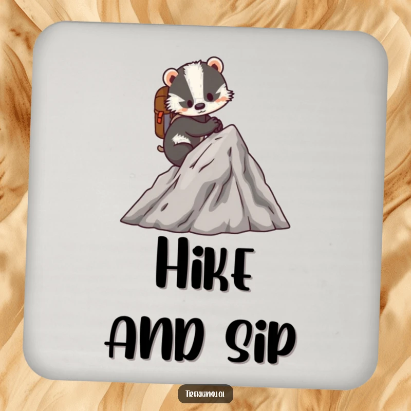 Funny drink coaster showing a determined badger scaling a miniature mountain with a tiny backpack, ideal for protecting surfaces.