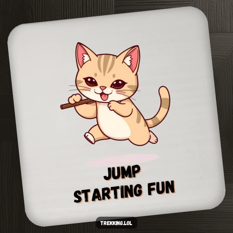 Funny drink coaster featuring a determined cat leaping with a walking stick, providing humorous and practical protection for tabletops.