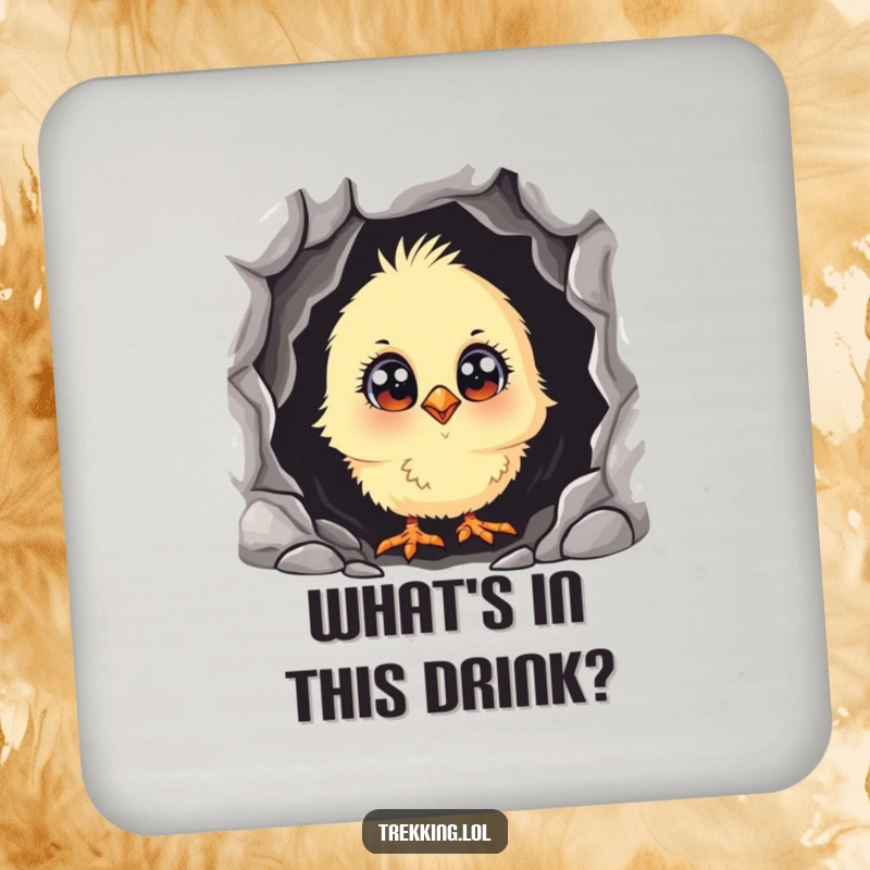 Funny curious chick with wide eyes, peeking into a dark cave, printed on a drink coaster for humorous surface protection.