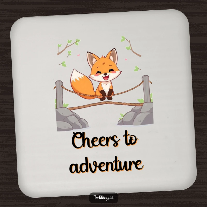 Funny drink coaster showing a happy fox gleefully crossing a wobbly rope bridge, ideal for protecting surfaces.
