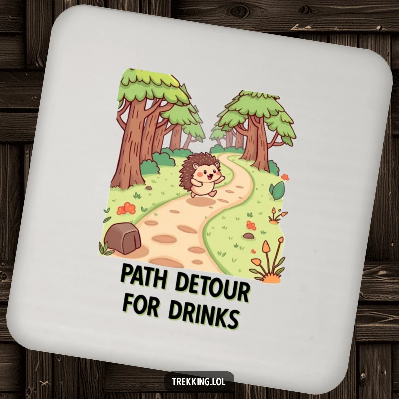 Funny hedgehog drink coaster art of a hedgehog bouncing exuberantly along a forest path, symbolizing joy and nature.