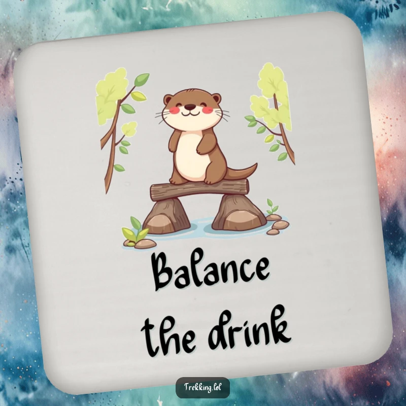 Funny joyful otter balancing on a narrow log, printed on a protective drink coaster, adds calm humor.
