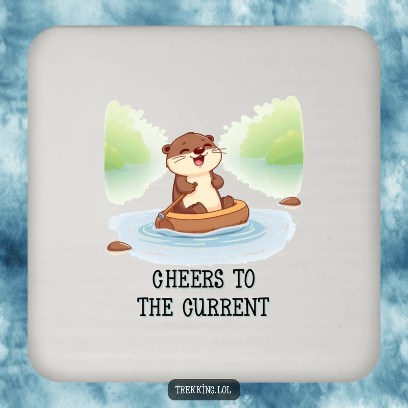 Funny otter coaster depicting a giggling otter paddling a tiny raft down a river, protecting surfaces with joy.