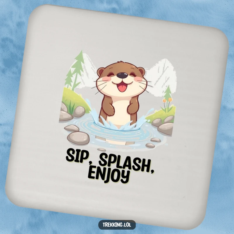 Funny drink coaster with a happy otter splashing playfully in a shallow mountain stream, protecting surfaces with cheer.