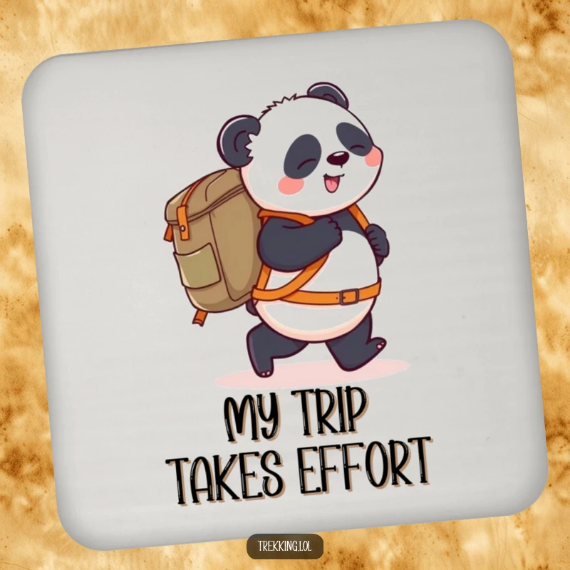 Funny Coaster: A playful panda carries a giant backpack, stumbling slightly forward, offering humorous protection and a touch of travel adventure.