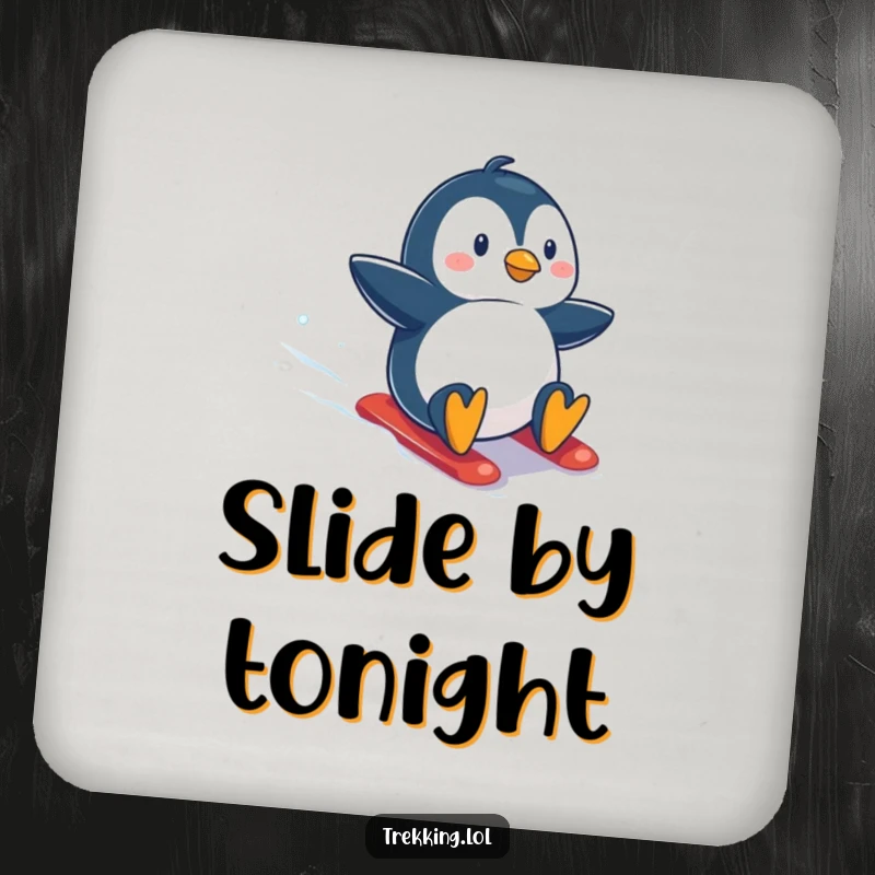 Funny drink coasters showcasing a penguin sliding down a snowy slope, adding a touch of arctic excitement and humor to beverage service.