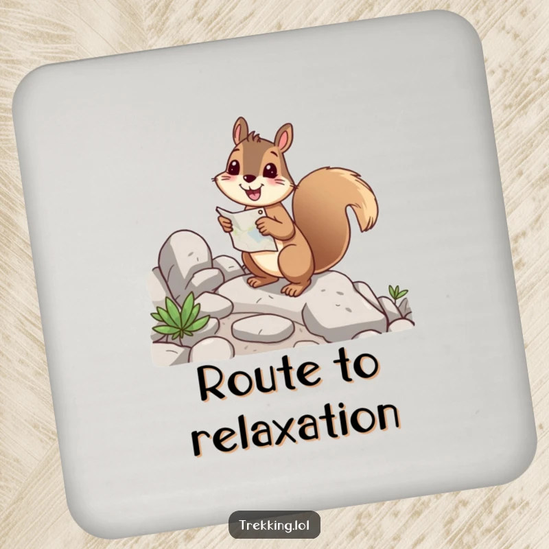 Funny squirrel coaster depicting a cheerful rodent with a map, happily navigating a rocky path, protecting surfaces.
