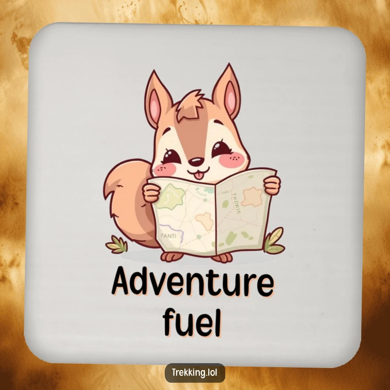 Funny coaster featuring a smiling squirrel character intently studying a map, protecting surfaces with humor.