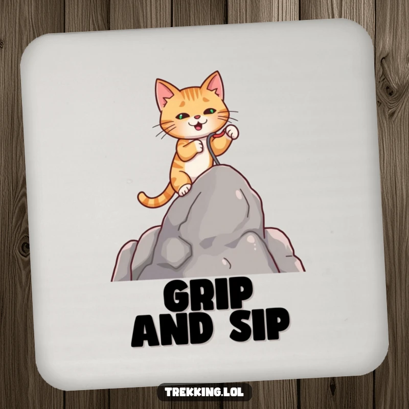 Funny drink coaster depicting a determined cat using a miniature grappling hook to climb a rock, for surface protection.
