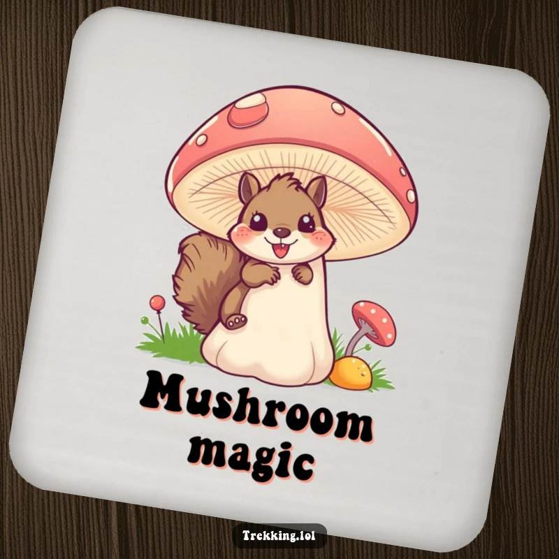 Funny squirrel mushroom coaster set featuring a fluffy squirrel peeking excitedly from behind a large, colorful mushroom, adding charm to settings.