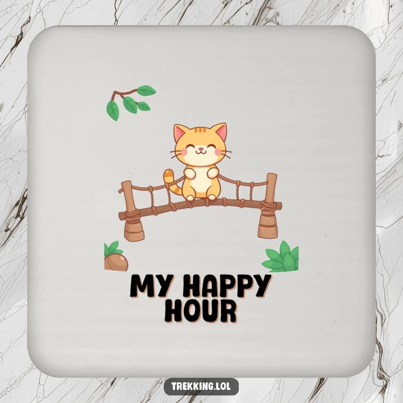 Funny drink coaster with a smiling cat character crossing a rickety rope bridge, adding protective humor.
