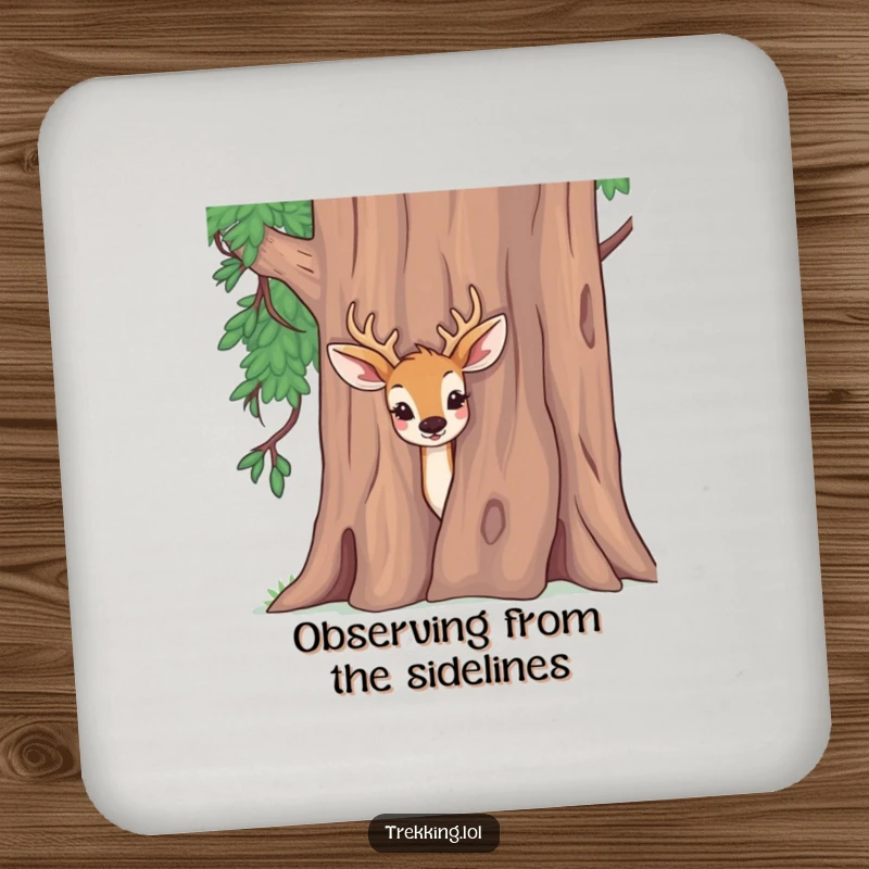 Funny drink coaster featuring a delighted deer peeking curiously from behind a tree, protecting tables with charm.