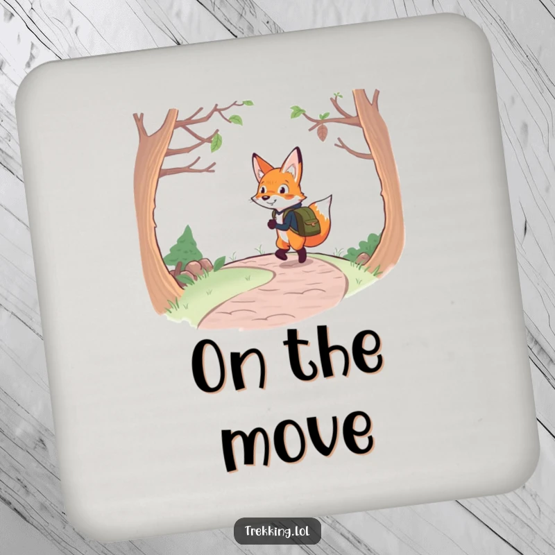 Funny fox backpacking coaster set featuring a determined fox with a backpack cheerfully navigating a winding path, adding humor to settings.