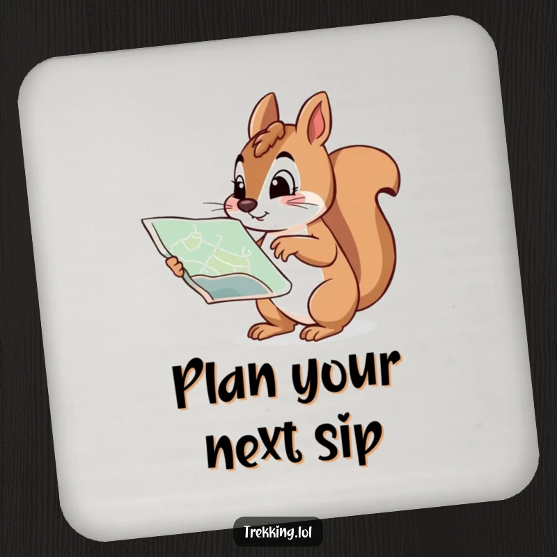 Funny drink coasters featuring a curious squirrel pointing at a map with a determined expression, providing humorous surface protection.