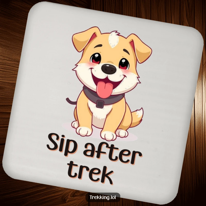 Funny drink coaster with a happy dog panting after a short trek, providing humorous and practical protection for tabletops.