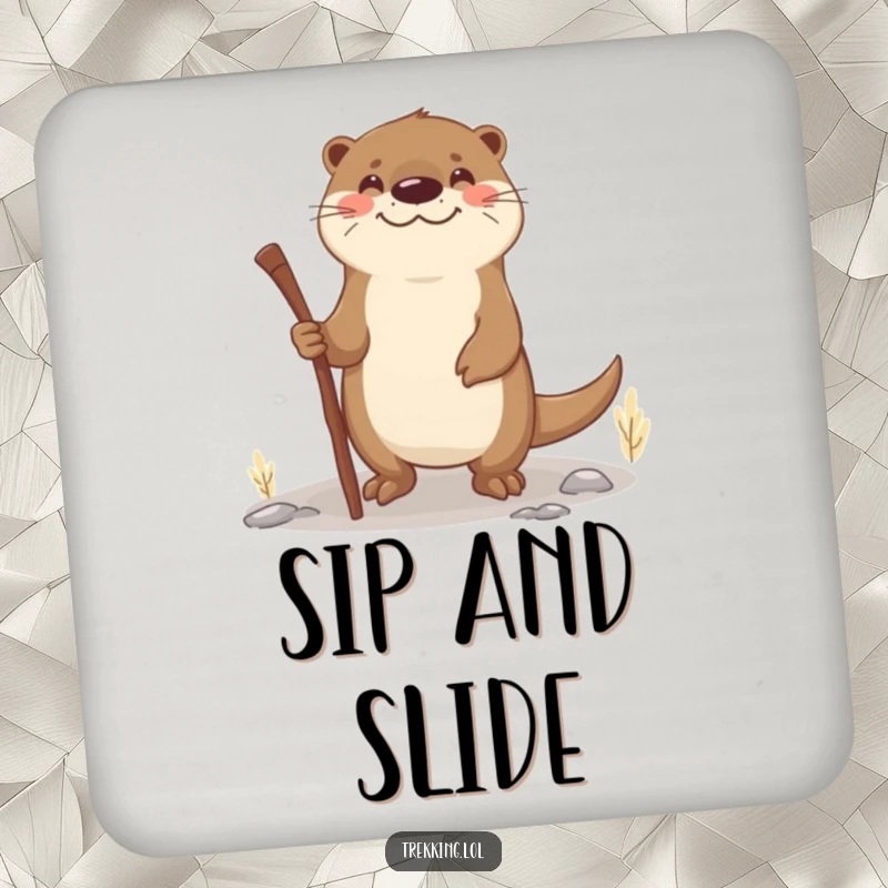 Funny otter walking stick coaster set featuring a smiling otter using a stick as a walking aid on uneven terrain, adding charm to settings.