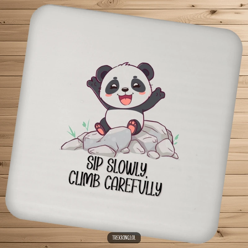 Funny drink coaster featuring an enthusiastic panda joyfully navigating a rocky path, protecting tables with fun.