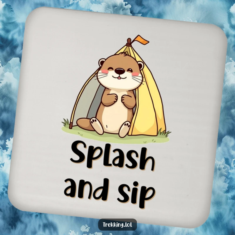 Funny drink coaster featuring a playful otter enthusiastically pitching a tent, perfect for adding camping charm and humor.