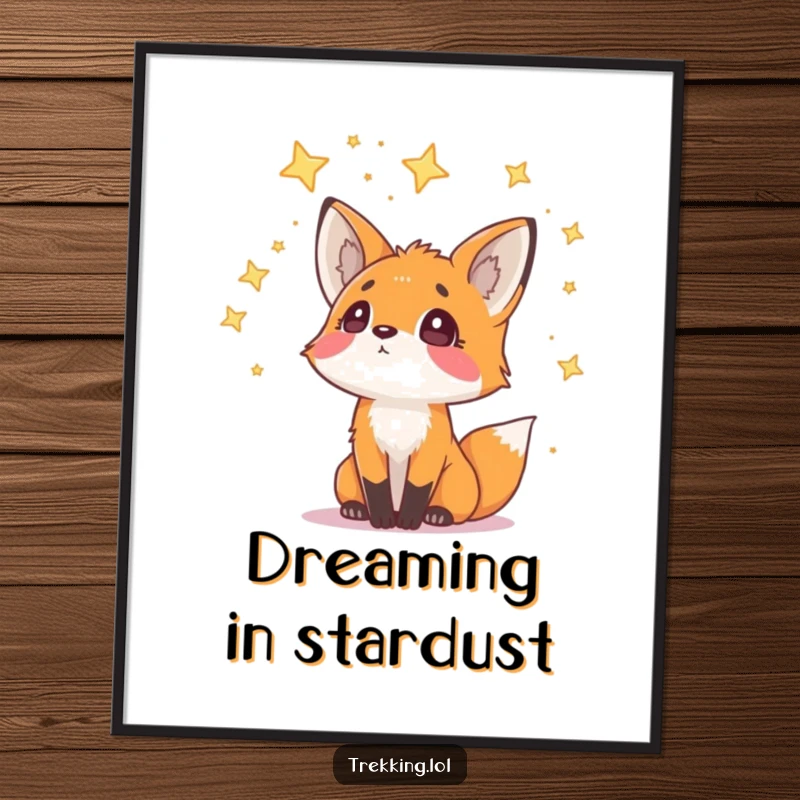 Funny Poster of a curious fox gazing upwards at a sky filled with stars, creating a piece of enchanting and humorous wall art.