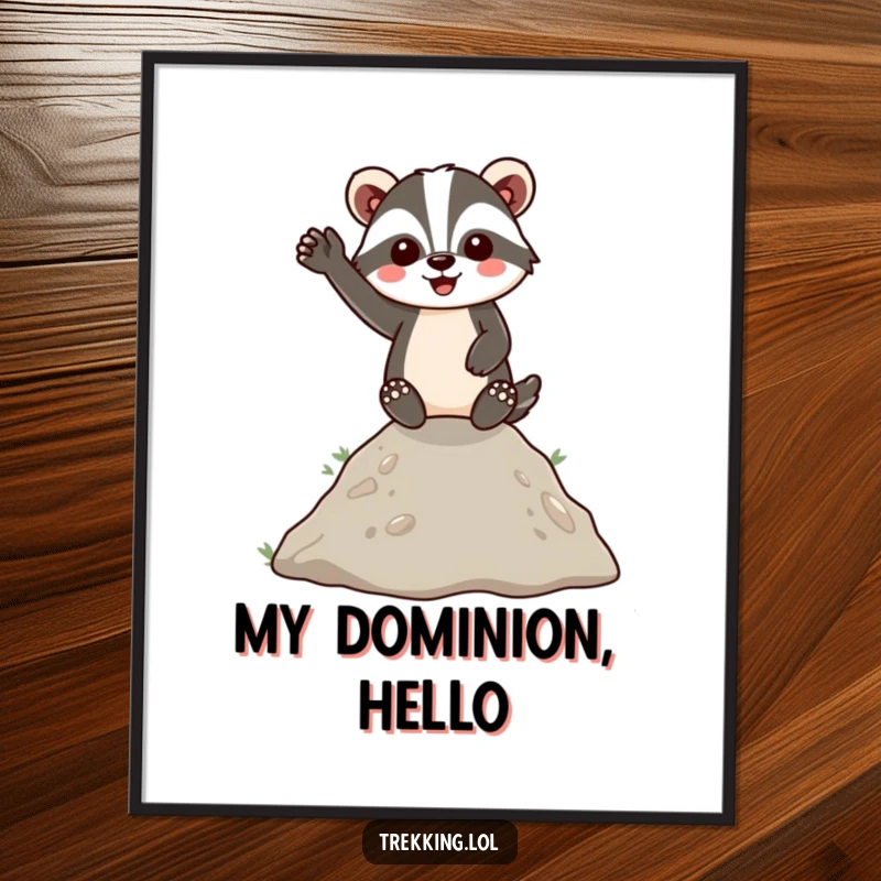 Funny Poster of an energetic badger joyfully waving from atop a small hill, creating a cheerful and humorous piece of wall art.