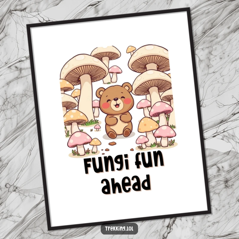 Funny poster featuring a gleeful bear attempting to solve a maze constructed from enormous, vibrant mushrooms, full of playful energy.