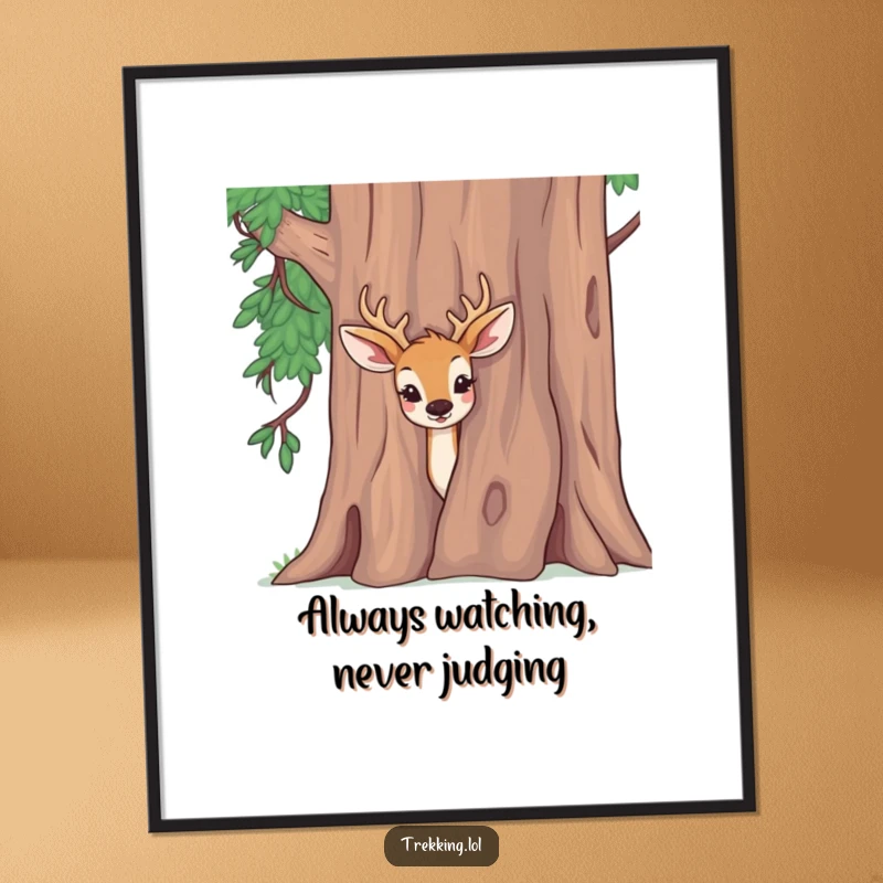Funny poster showing a delighted deer peeking curiously from behind a tree, creating charming wall decor.