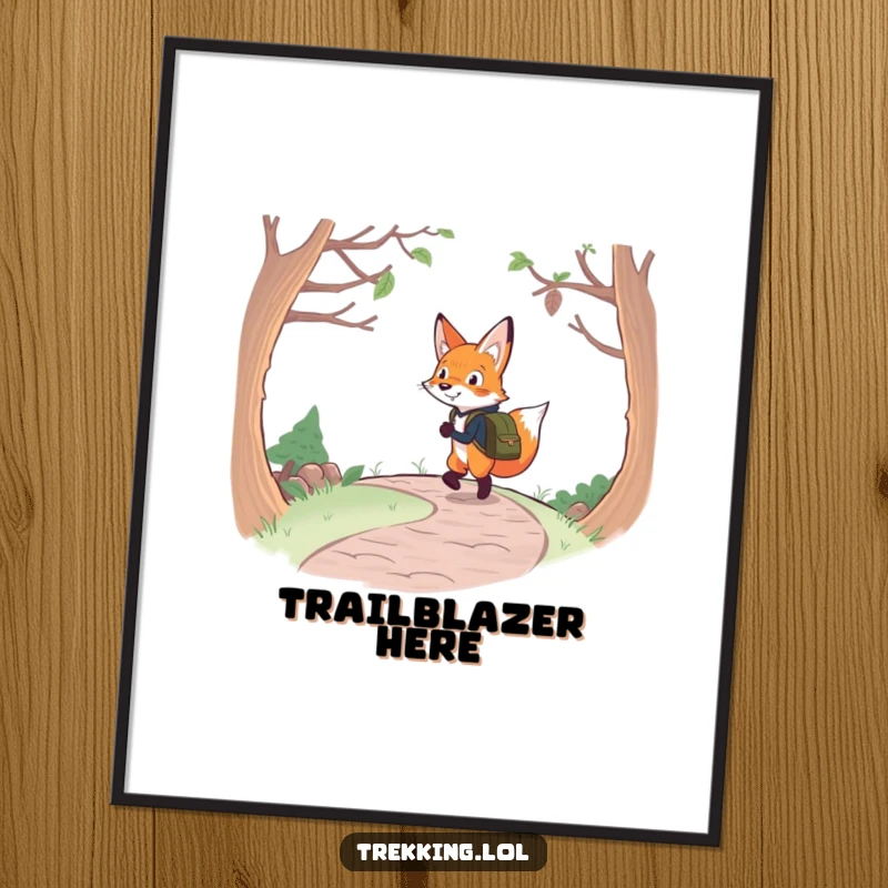 Funny fox backpacking poster print of a determined fox with a backpack cheerfully navigating a winding path, ideal for wall decor.