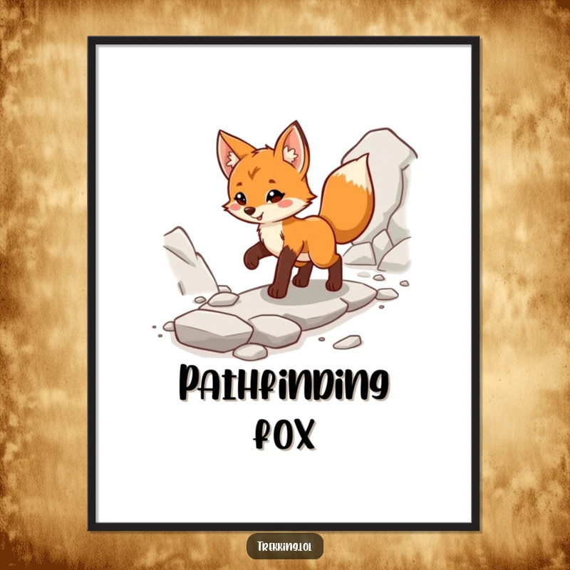Funny fox cub poster, cheerfully striding confidently along a rocky path, symbolizing a successful journey.