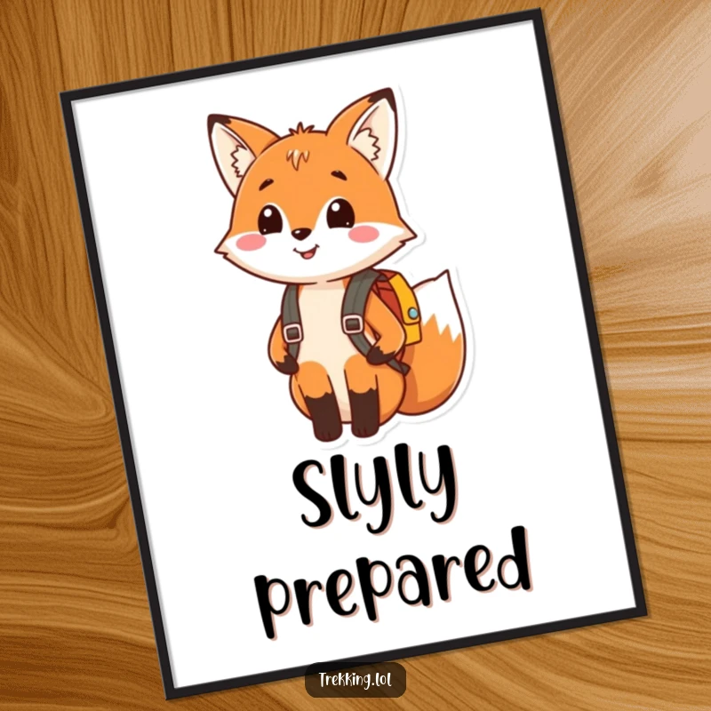 Funny poster featuring a happy fox smiling while wearing a tiny backpack, symbolizing joy and a love for exploration.