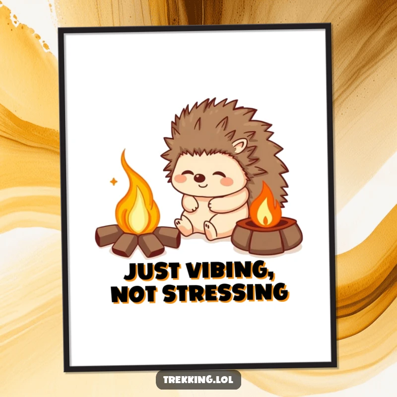 Funny poster showing a happy hedgehog sighing contentedly by a campfire, a peaceful woodland art piece for decor.