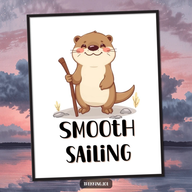 Funny otter walking stick poster print of a smiling otter using a stick as a walking aid on uneven terrain, ideal for wall decor.