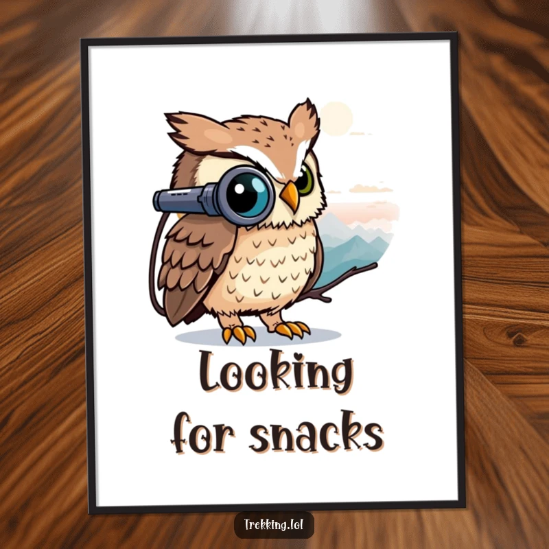 Funny owl peeking through binoculars at a distant peak, as funny wall art for keen observers.