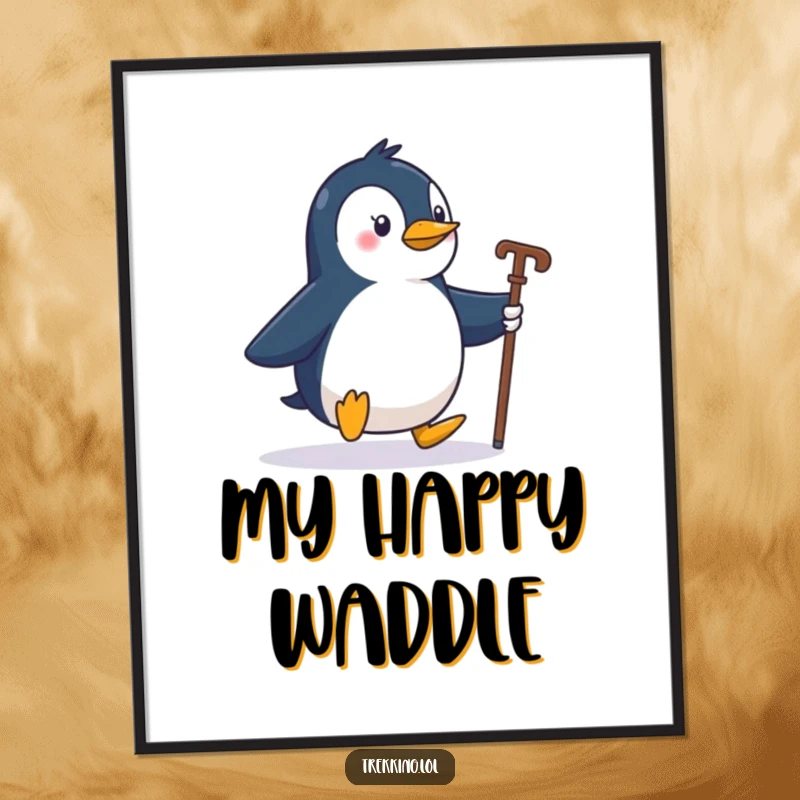 Funny penguin waddling enthusiastically with a walking stick, depicted as adventurous wall art for any space.
