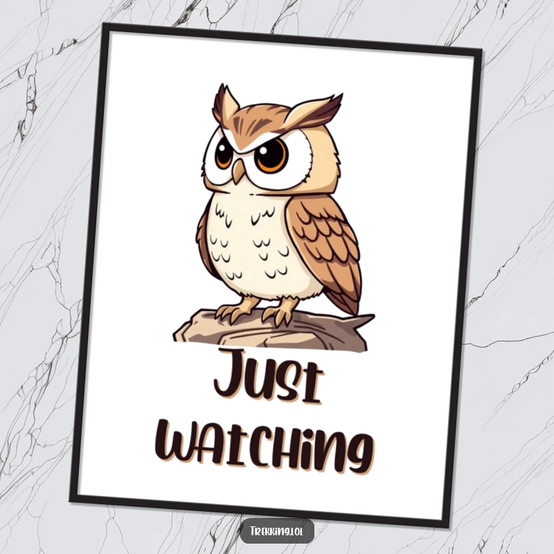 Funny proud owl surveying the landscape from a high vantage point, displayed as wise wall art on a poster.