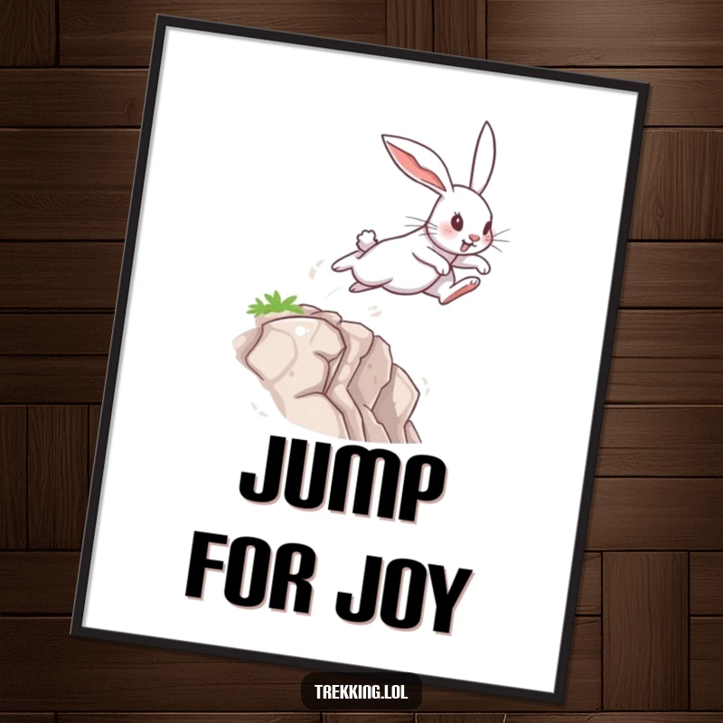 Funny Poster illustrating a determined rabbit leaping across a small chasm, representing courage and bold action in a humorous style.