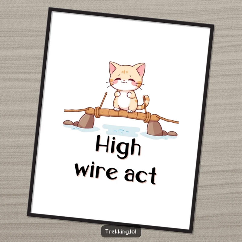 Funny poster featuring a giggling cat character mid-way across a wobbly rope bridge, capturing a moment of humorous bravery.