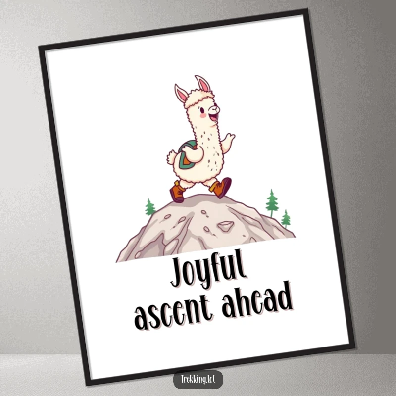 Funny happy alpaca wearing hiking boots, joyfully skipping up a mountain on a poster, cheerful wall art.
