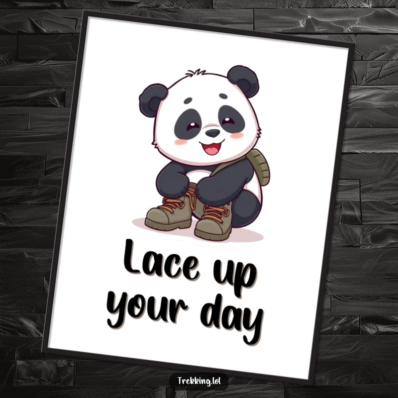 Funny panda poster art of a smiling panda diligently tying the laces on its hiking boots, ready for a nature trail.
