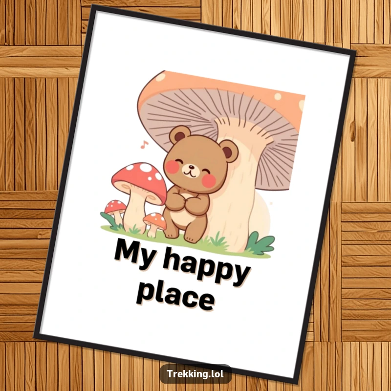 Funny bear lost but happy among giant mushrooms, depicted as whimsical wall art for any room.