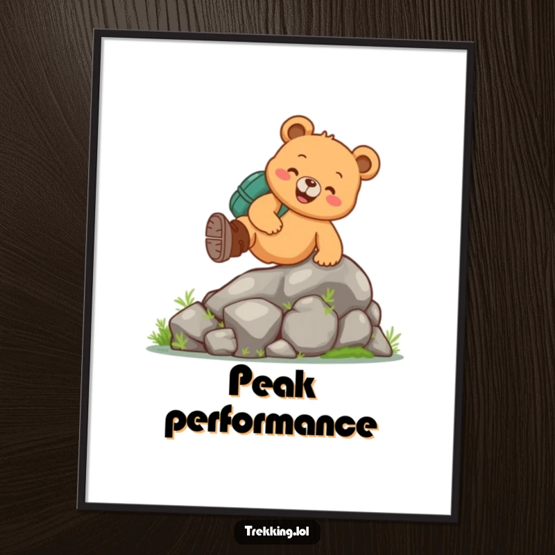 Funny bear hiking poster print of a cheerful bear in boots scaling a mossy rock, capturing the fun of outdoor exploration.