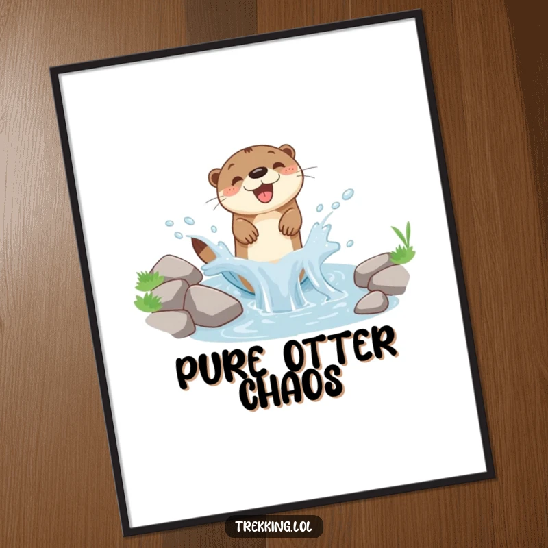 Funny poster art of a delighted otter exuberantly splashing in a small, clear mountain stream, capturing pure bliss.