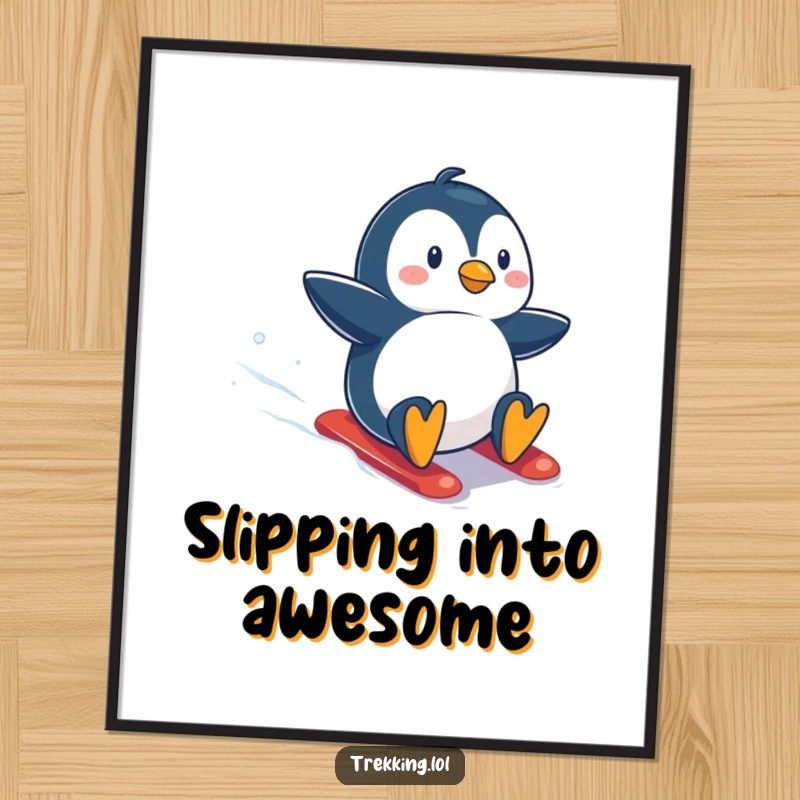 Funny poster illustration of an ecstatic penguin expertly snowboarding down a snowy slope, full of energy and wintery excitement.