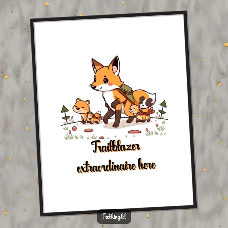 Funny poster depicting a determined fox guiding a cheerful group of animals on a hiking trail, emphasizing leadership and fun.
