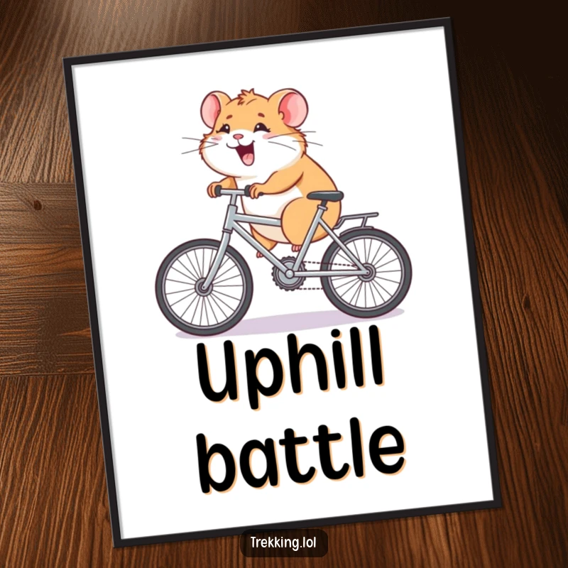 Funny Poster illustrating a giggling hamster pedaling a small bike uphill with great effort, perfect motivational and humorous wall decor.